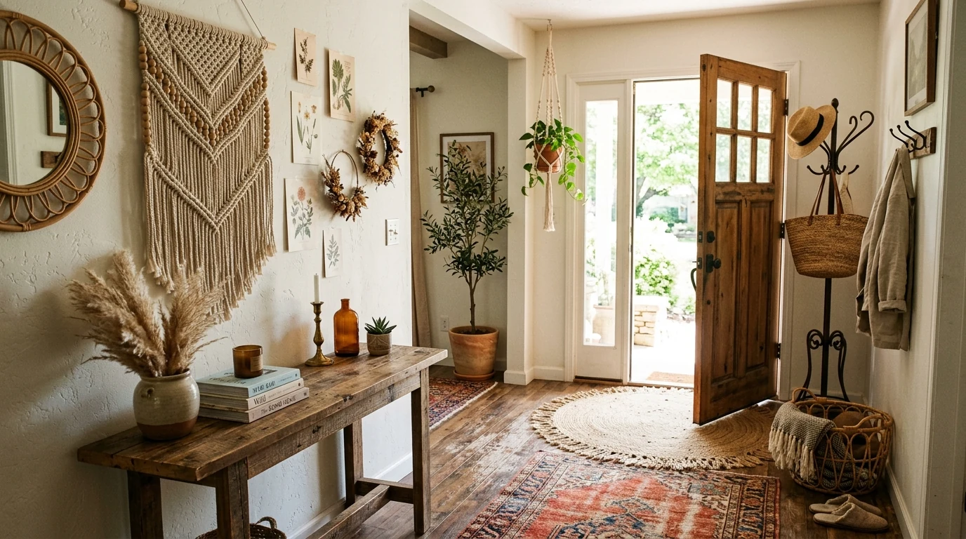 Statement entrance with a dark accent wall behind the console.