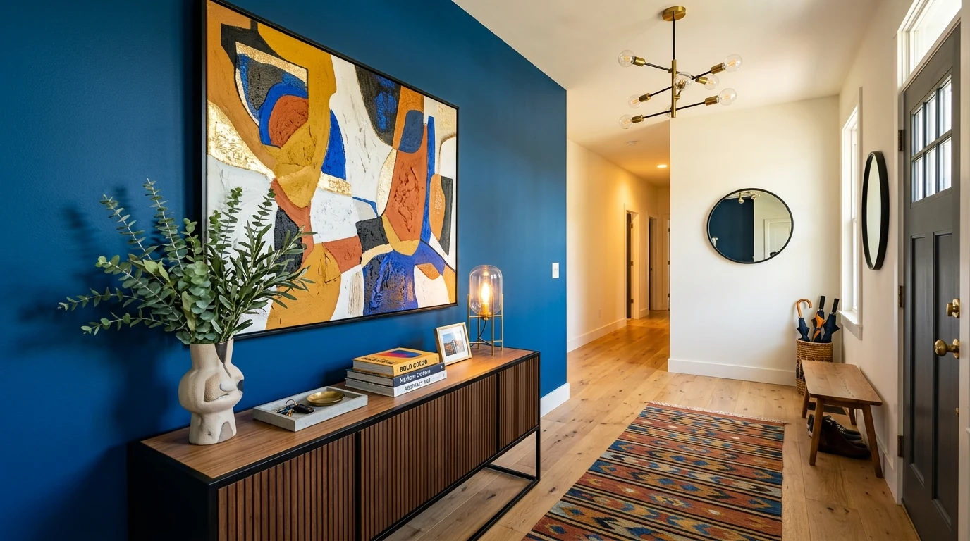 Grand entryway decor with layered florals and tall branches.
