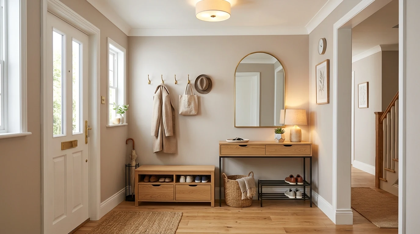 Foyer decor trend using mixed metals in lighting and hardware.