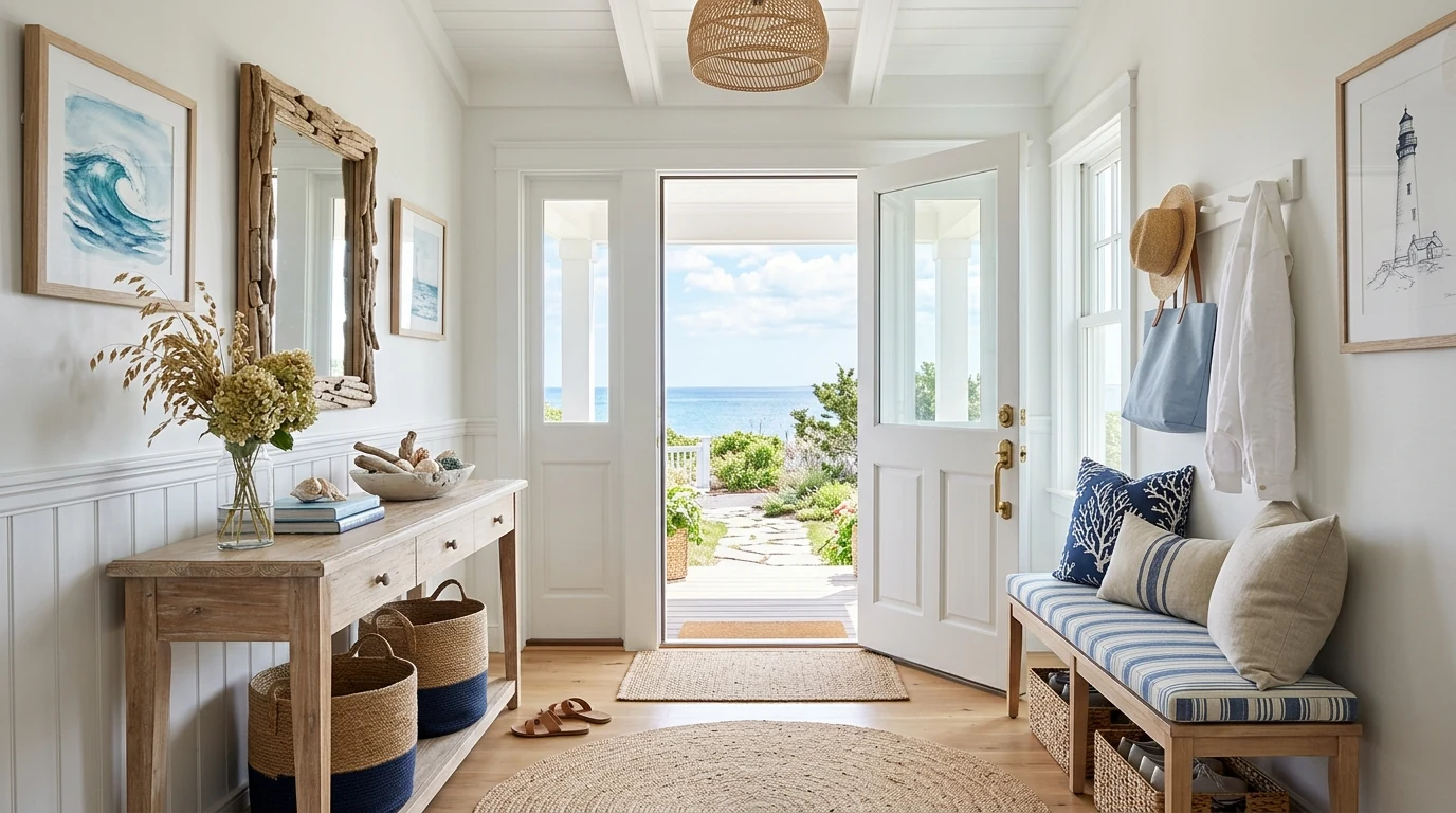 Statement entrance with stylish wallpaper in the foyer.