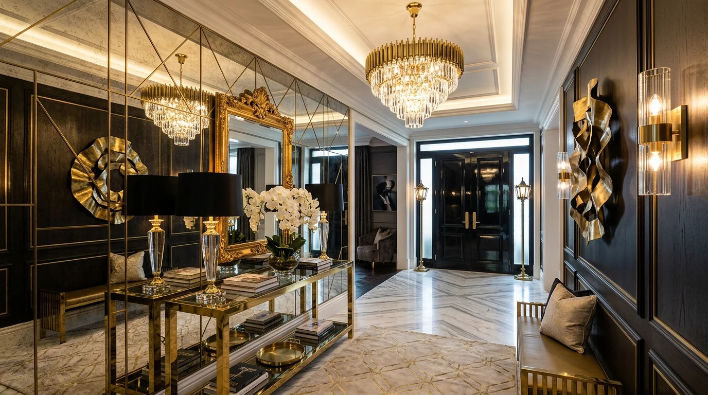 Grand foyer with checkerboard or patterned floor styling.