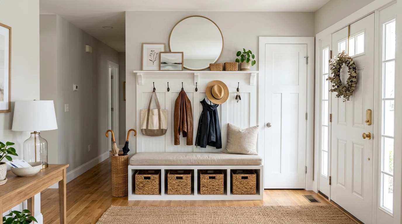 Modern foyer with large art leaning above the console table.