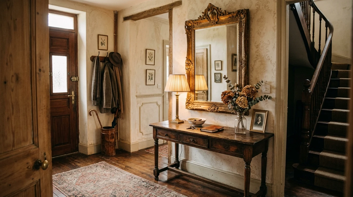 Statement entryway with elevated woven storage baskets.