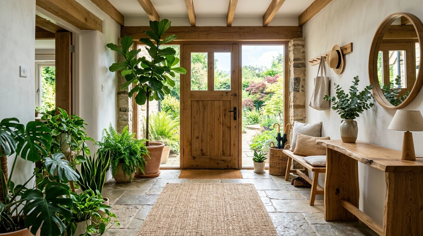 Grand foyer idea using a calm palette with one bold statement feature.