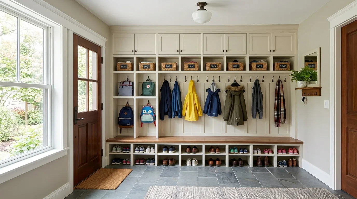 Hardworking mudroom with cubbies, hooks, bench seating, and stylish storage.