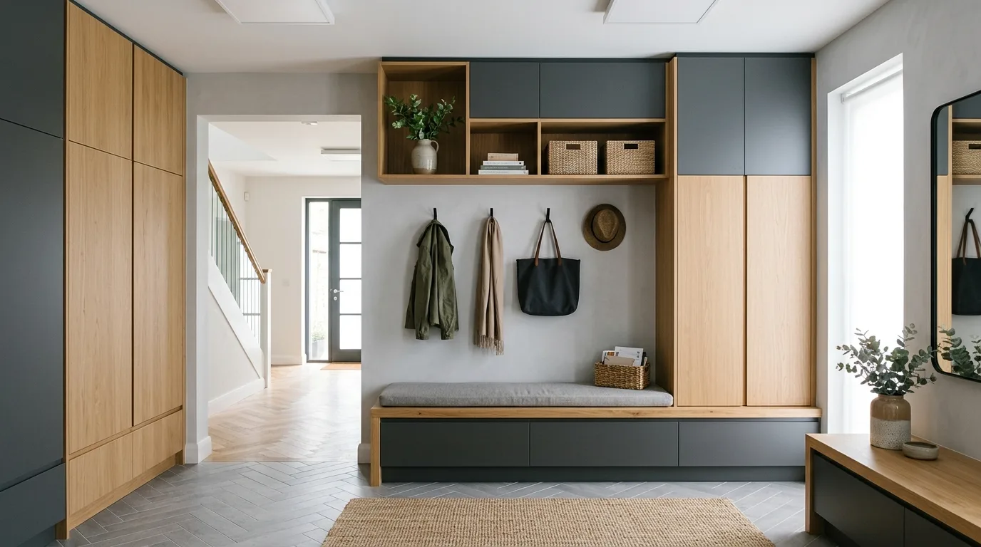 Mudroom bench with hidden storage and organized family entryway styling.