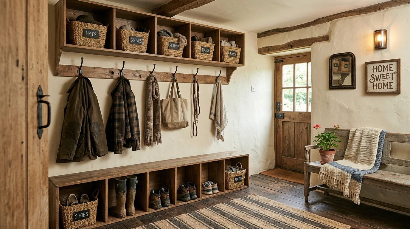 Mudroom wall with hooks at multiple heights for family use.