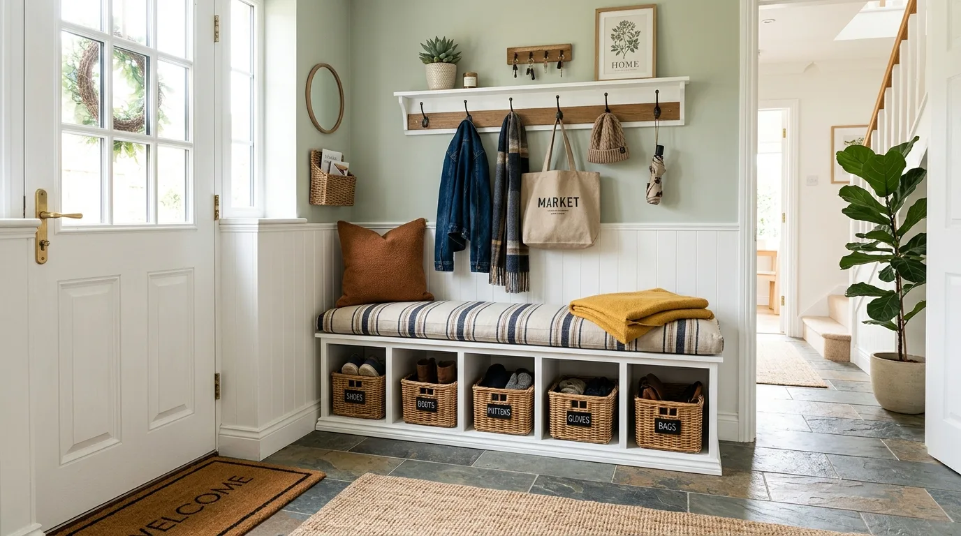 Functional mudroom with durable tile flooring and neat storage.