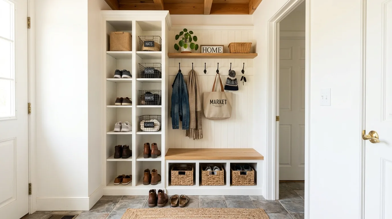 Mudroom organization with labeled baskets and family storage.