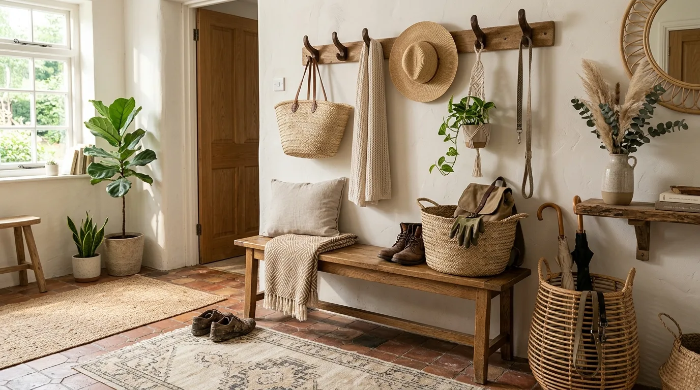 Stylish mudroom combining open hooks with closed cabinetry.