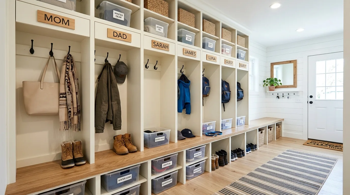 Mudroom with warm wood bench and cabinetry details.