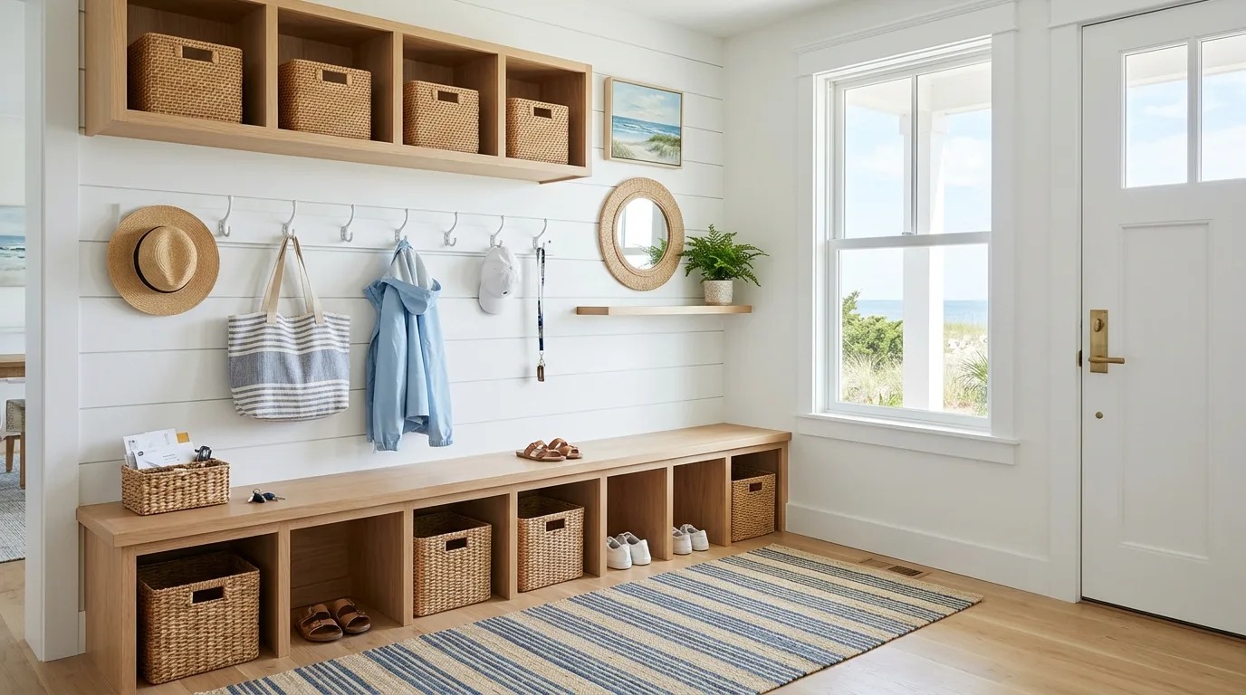 Mudroom with decorative wall paneling, hooks, and bench seating.
