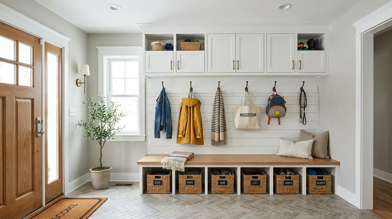 Narrow entry mudroom with slim bench and vertical wall storage.