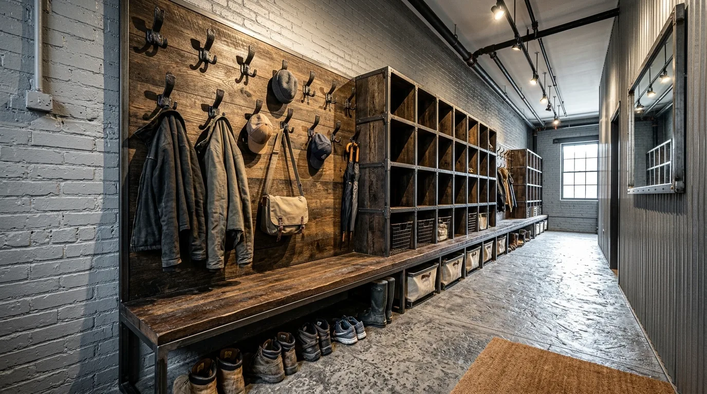 Combined mudroom and laundry area with practical family storage.