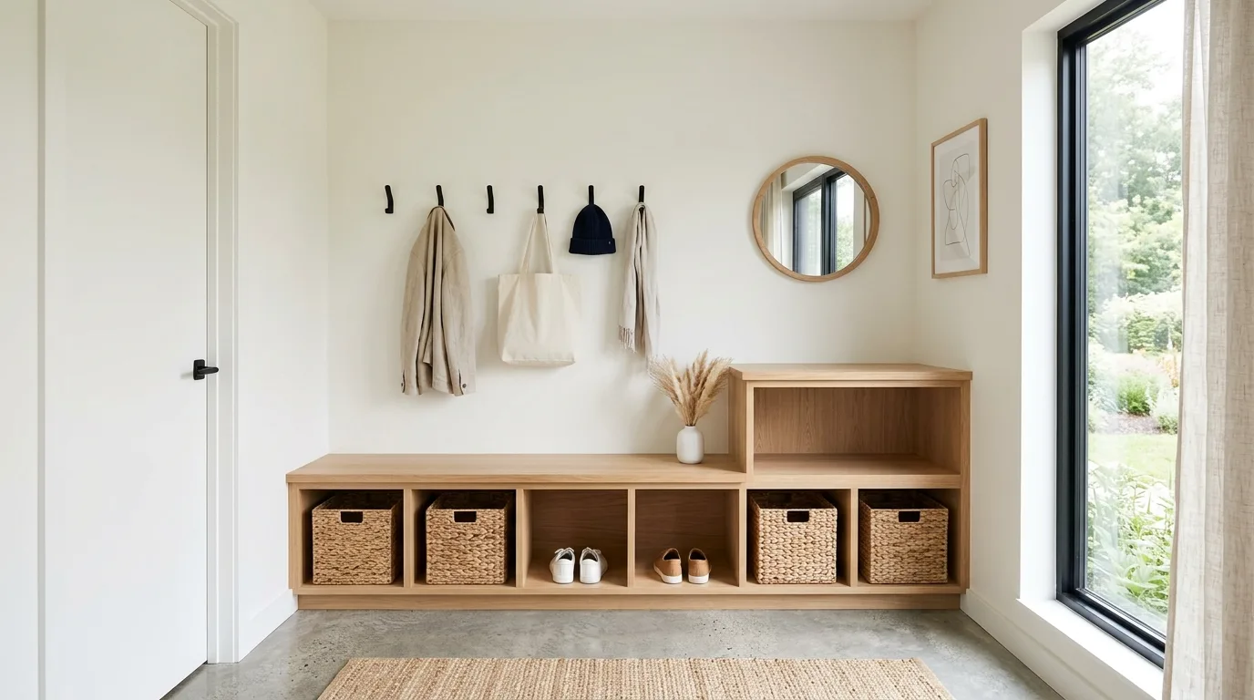 Mudroom shoe storage with baskets lined neatly below a bench.