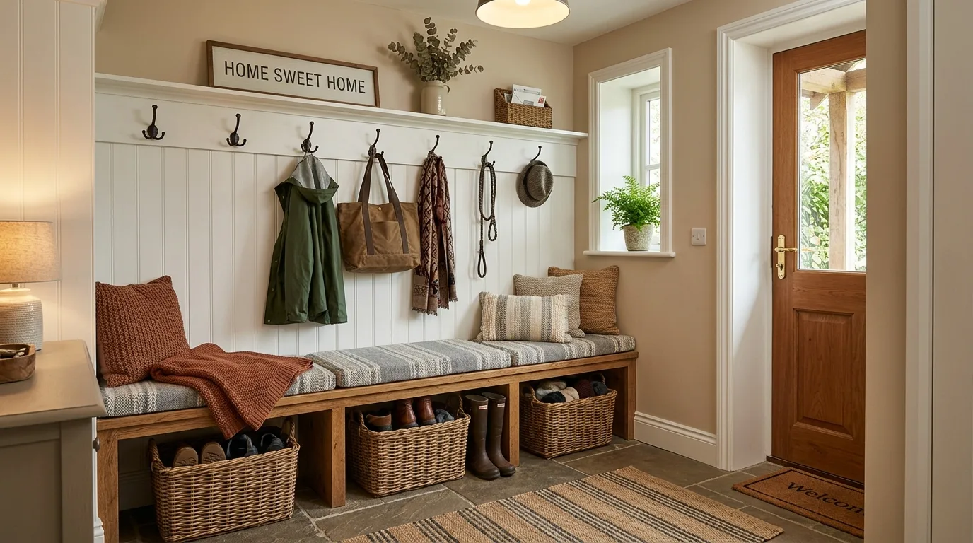 Dark-painted mudroom with organized hooks, bench, and storage.