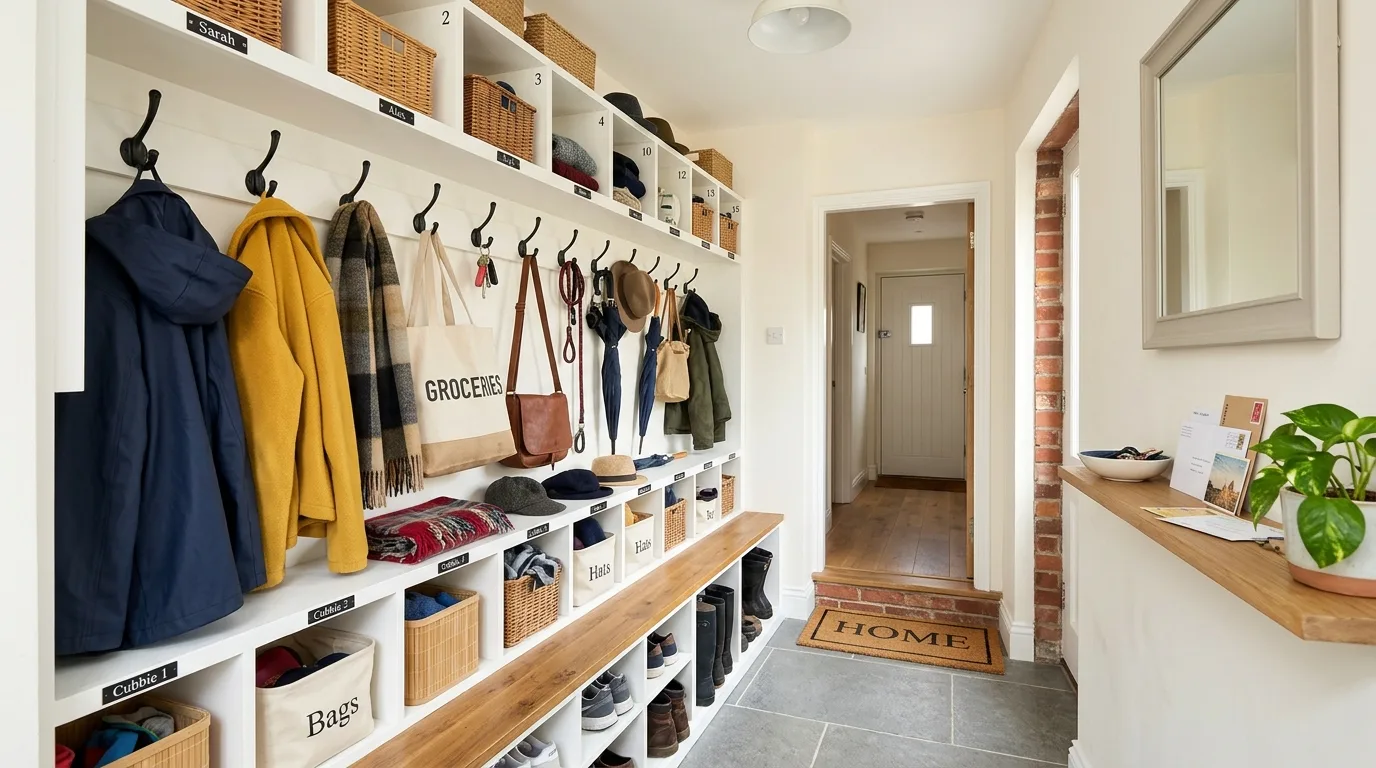 Mudroom upper shelf storing seasonal baskets and accessories.