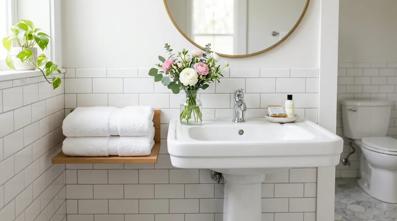 Welcoming powder room styled with hotel-like guest bathroom details.