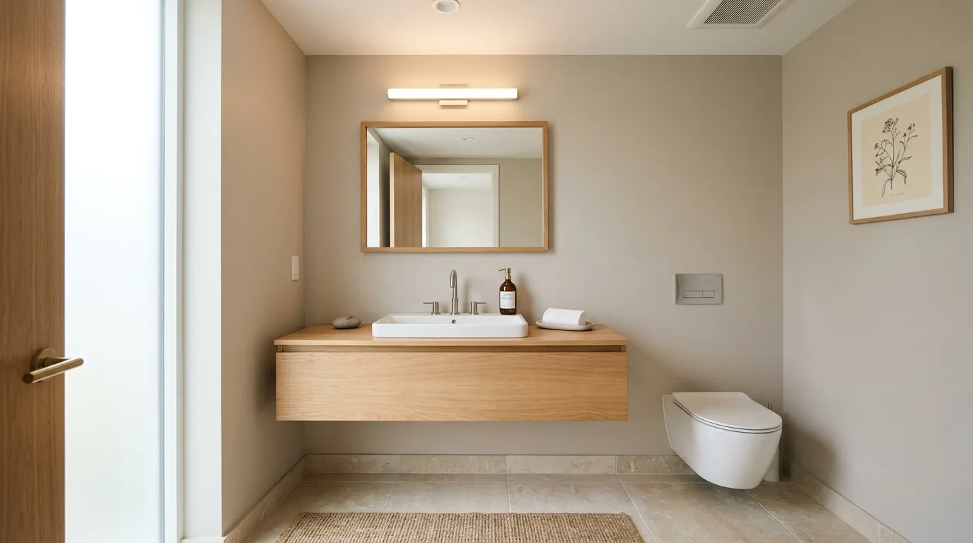Guest bathroom vanity styled with a tray of essentials for visitors.