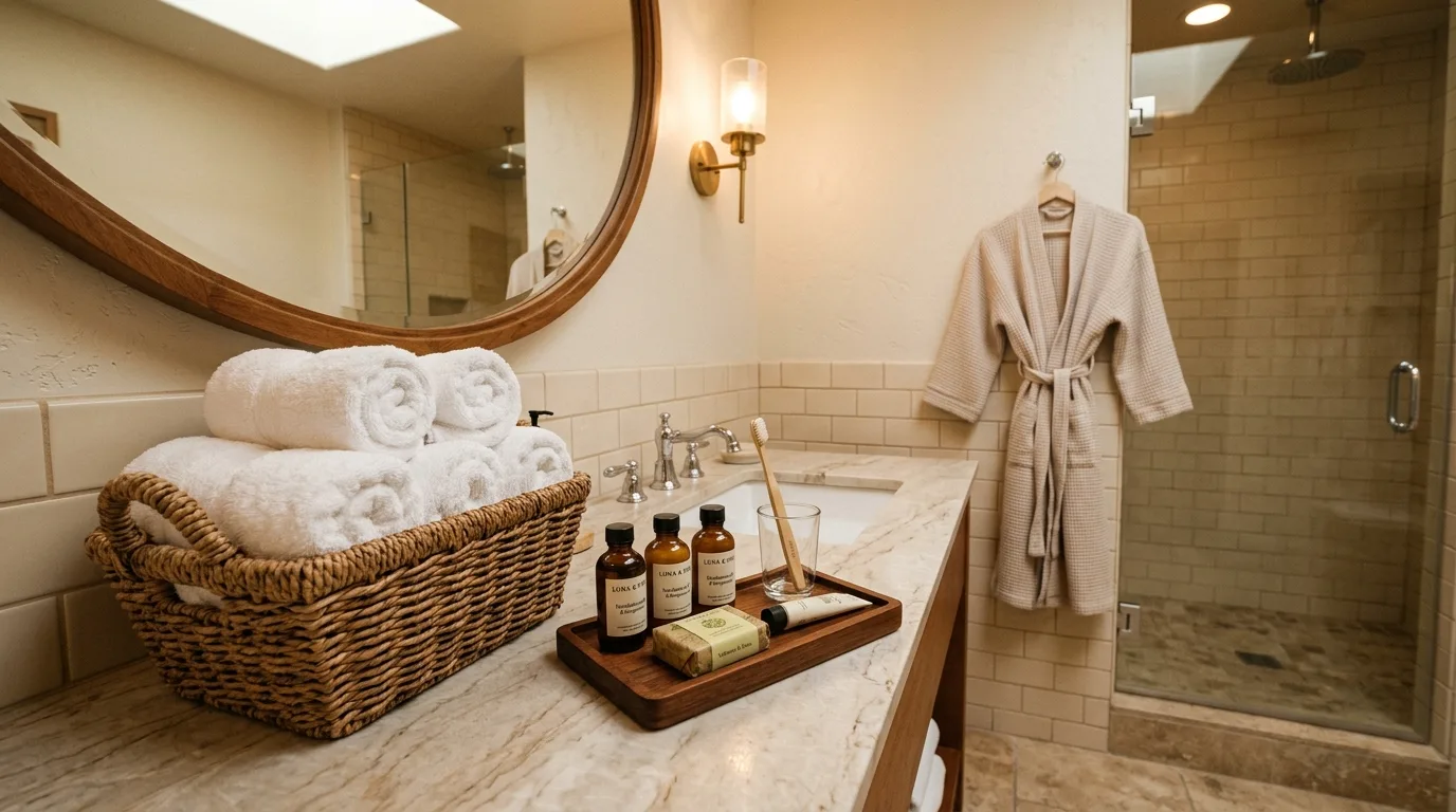 Welcoming guest bathroom with soft mirror lighting and elegant decor.