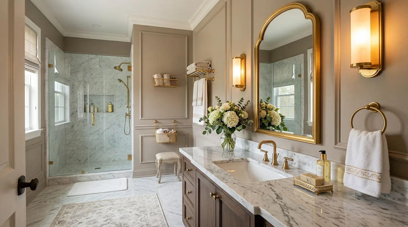 Guest bathroom with fresh greenery arranged on the countertop.