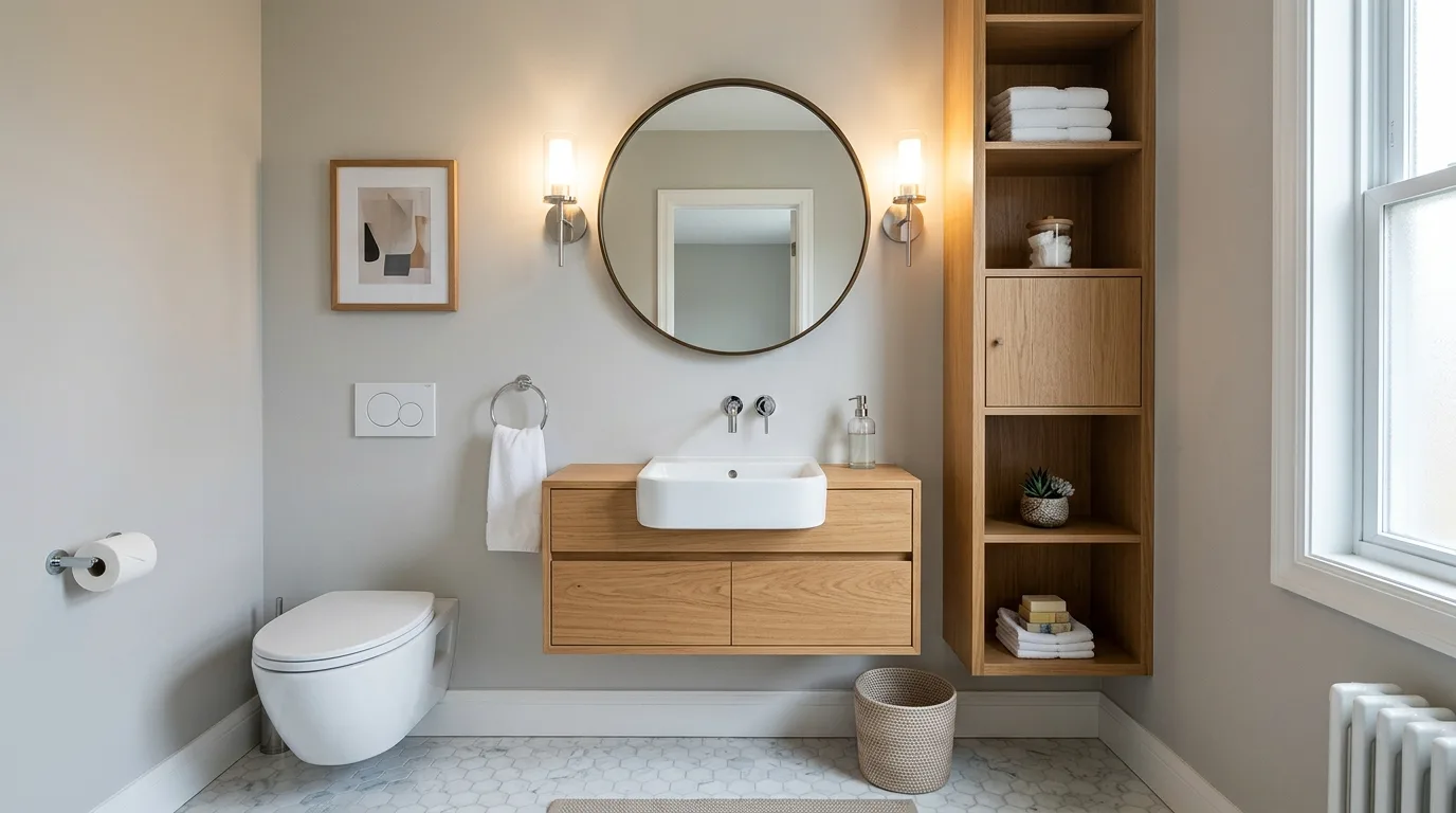 Guest bathroom basket stocked with extra supplies and towels.