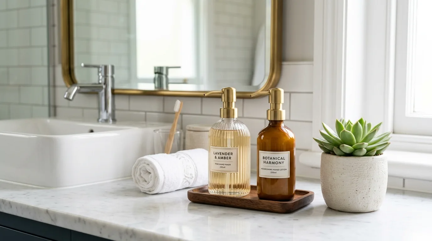 Guest bathroom styled with patterned hand towels and simple decor.