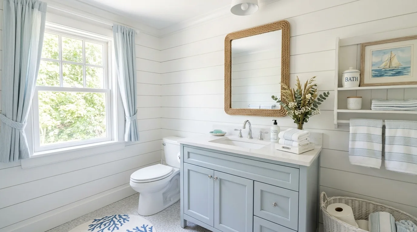 Guest bathroom with a bright mirror creating a lighter more open feel.
