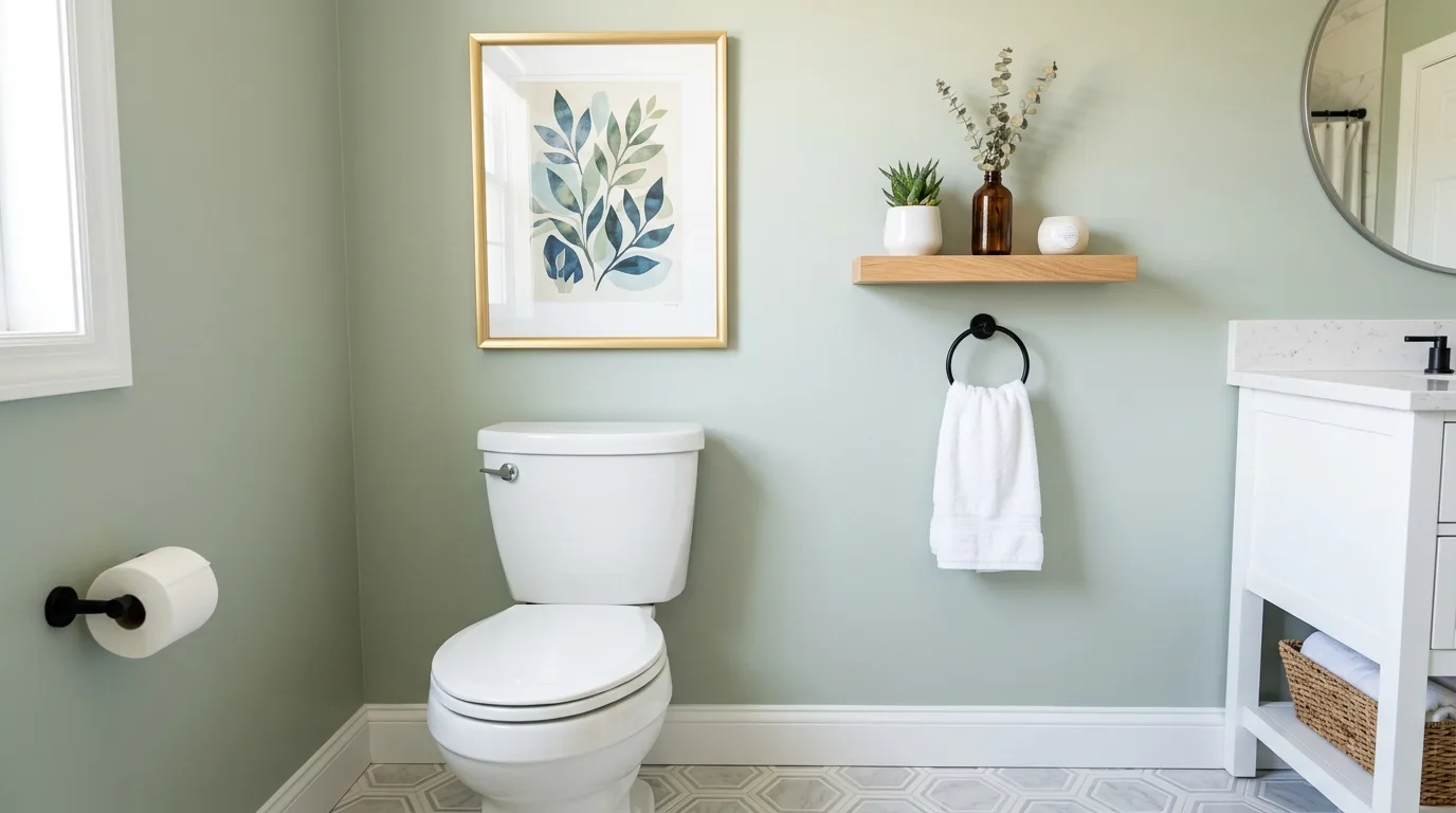 Guest bathroom with a tidy open vanity surface and minimal decor.
