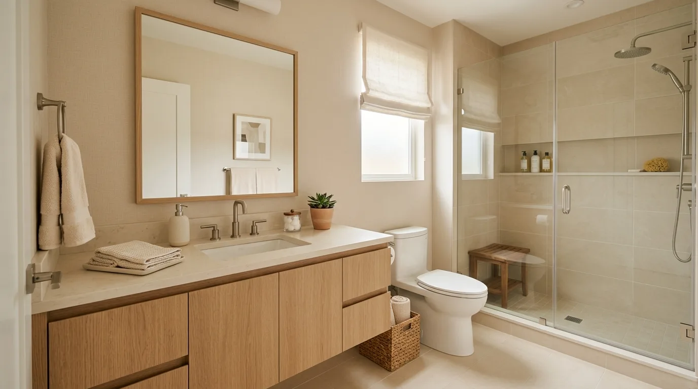 Guest bathroom with coordinated hardware and polished finishes.
