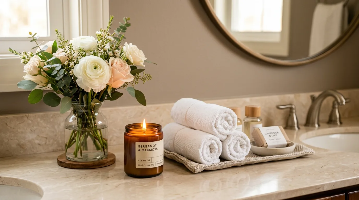 Five-star feeling guest bathroom with towels, lighting, and thoughtful details.