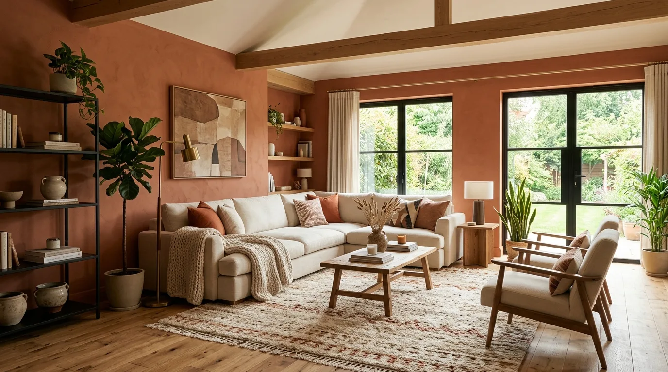 Warm terracotta-toned living room with neutral seating and natural wood details.