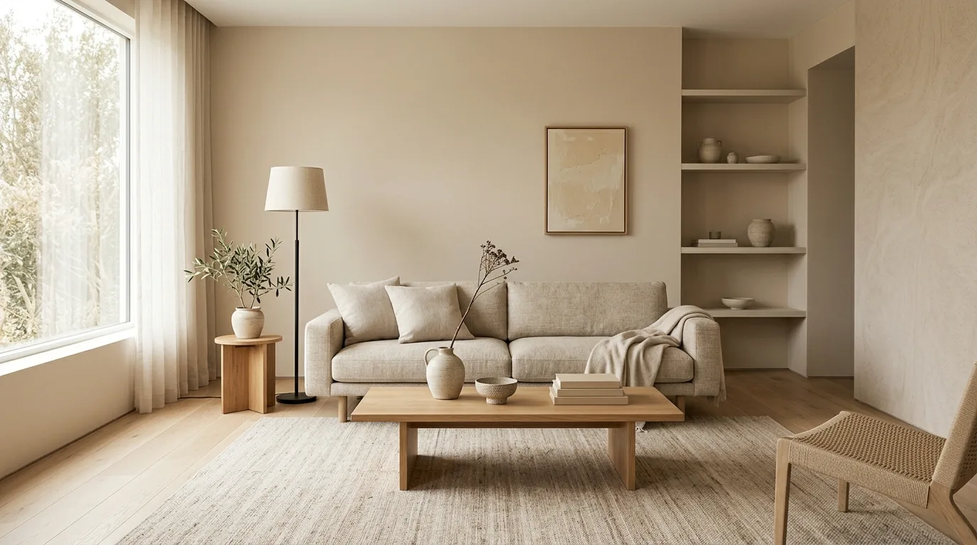 Interior painted in soft clay tones with warm neutral furnishings.