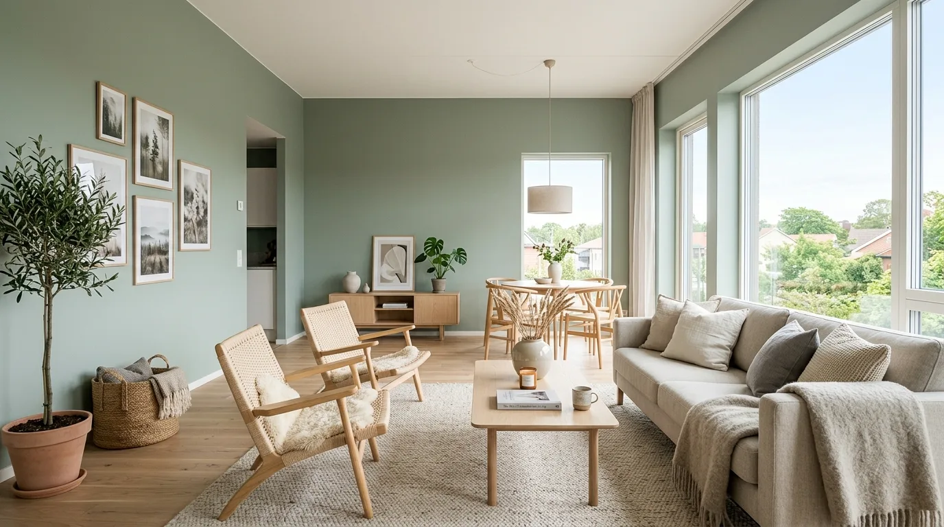 Warm greige interior with textured finishes and natural wood details.