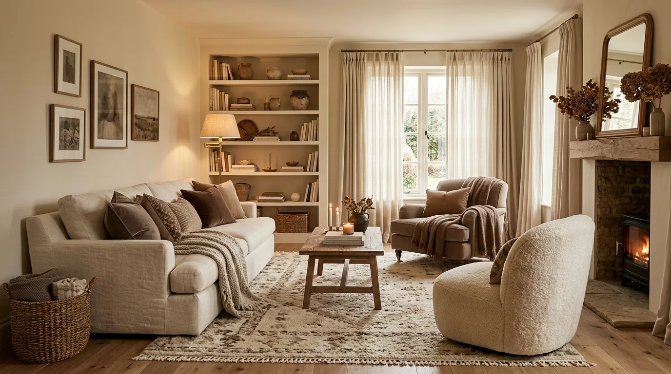 Warm brown-red interior with balanced cream furnishings and wood floors.