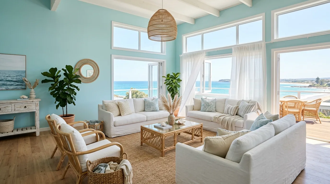 Warm-toned interior with charcoal accents and black-framed windows.