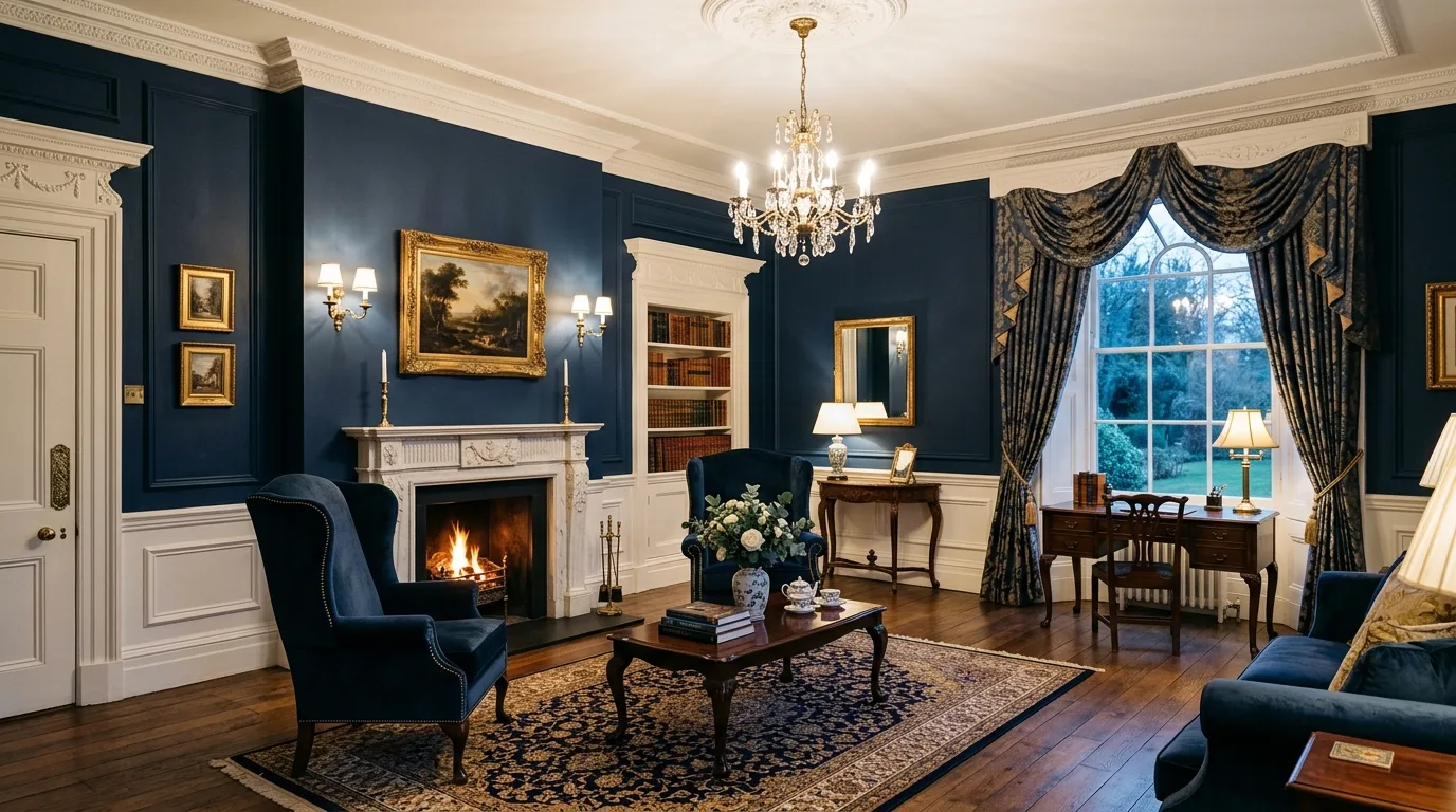 Soft interior palette with muted peach and apricot accents.