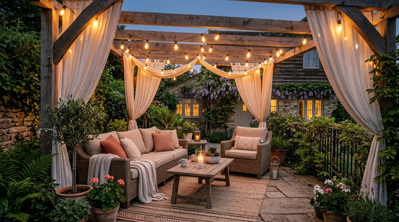 Patio design with a pergola creating a structured outdoor living retreat.