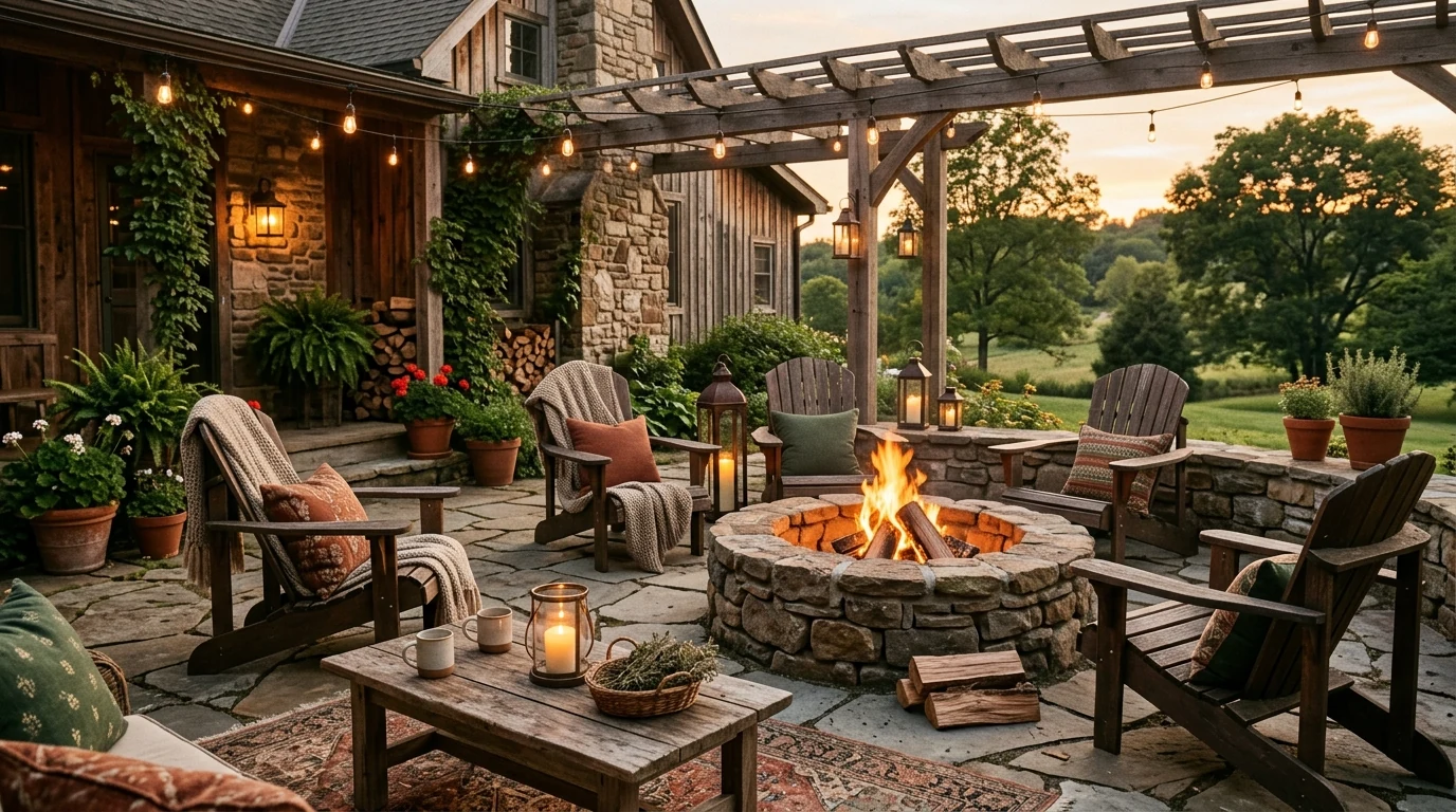 Outdoor living patio with dining table and glowing string lights.