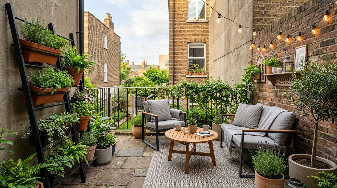 Modern patio styled with black frames and warm wood details.
