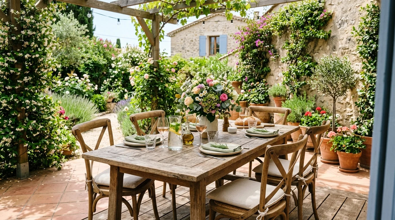 Outdoor patio design layered with planters for a lush living feel.
