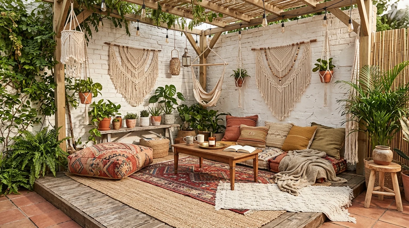 Patio seating area defined by an outdoor rug for polished outdoor living.