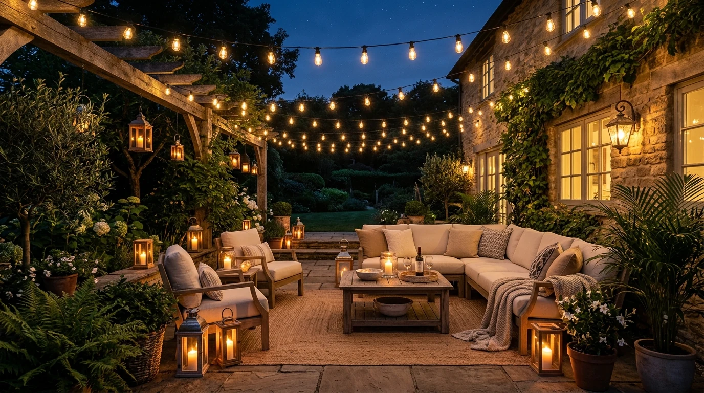 Outdoor living patio combining a lounge area with an outdoor kitchen.