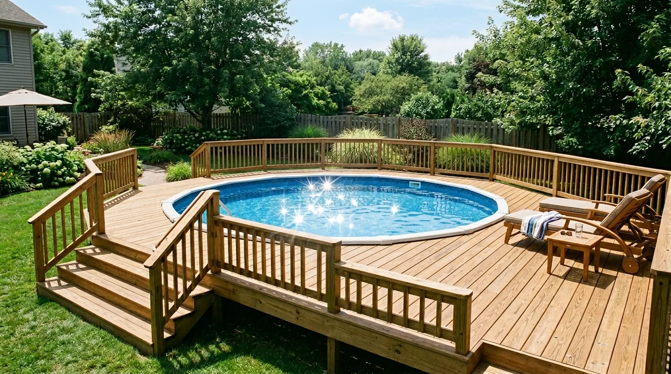 Inviting above ground pool deck styled as a polished backyard retreat.