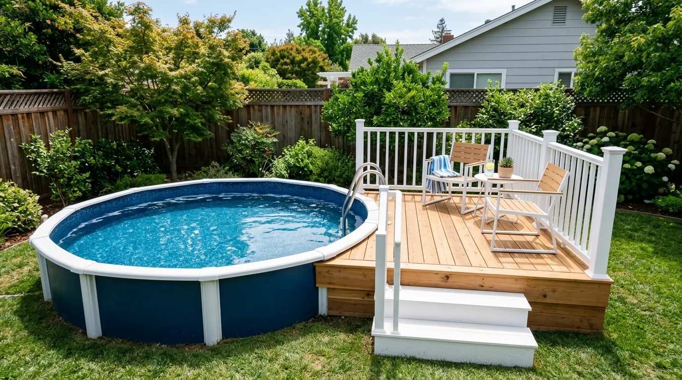 Above ground pool deck designed with split-level zones for seating and swimming.