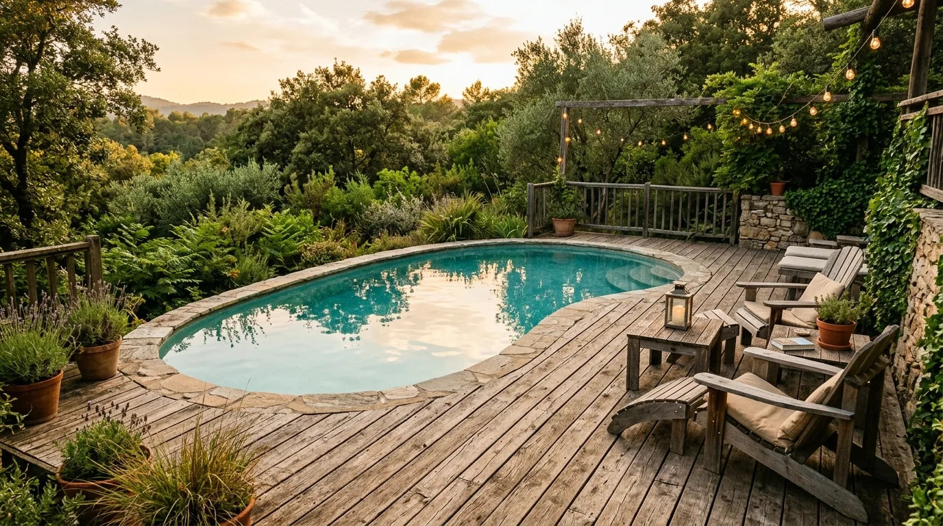 Small above ground pool deck platform with simple steps and neat landscaping.