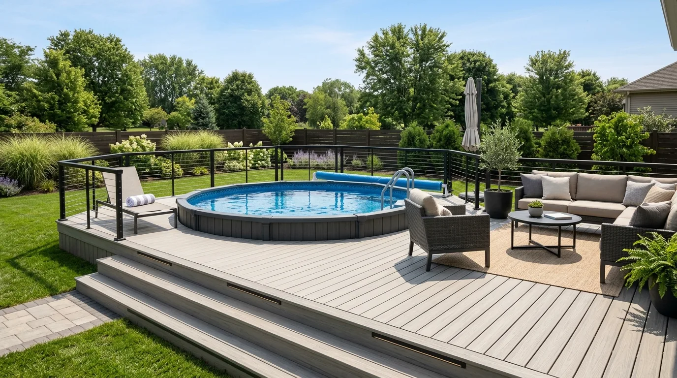Above ground pool deck with pergola-covered seating and shaded lounge space.