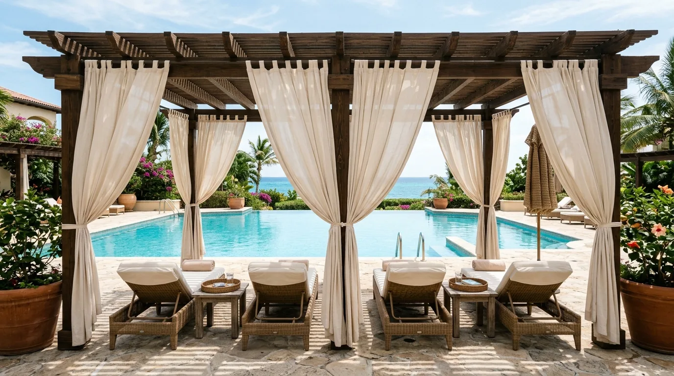 Pool deck with built-in bench seating wrapping part of the above ground pool.