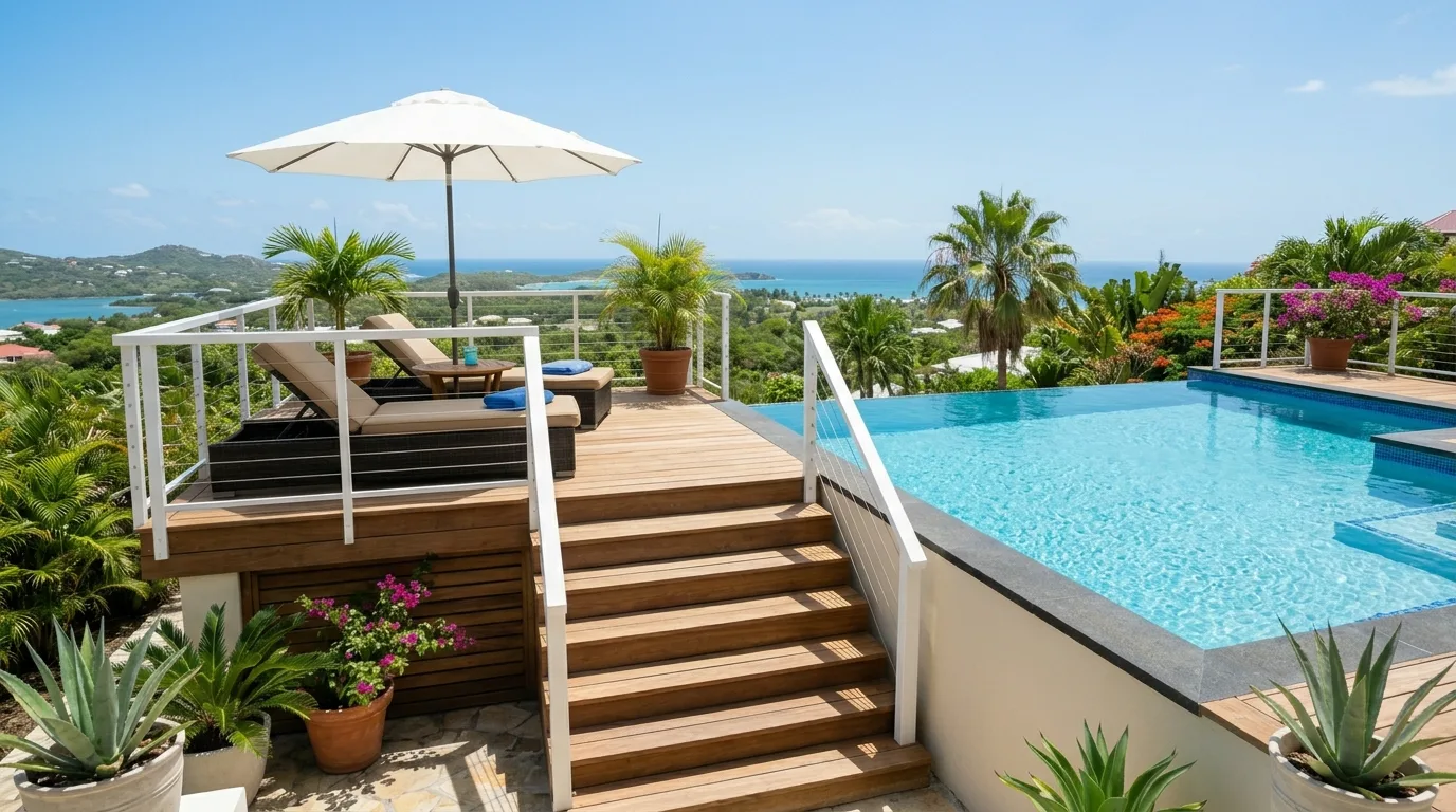 Above ground pool deck styled with privacy screens and backyard greenery.