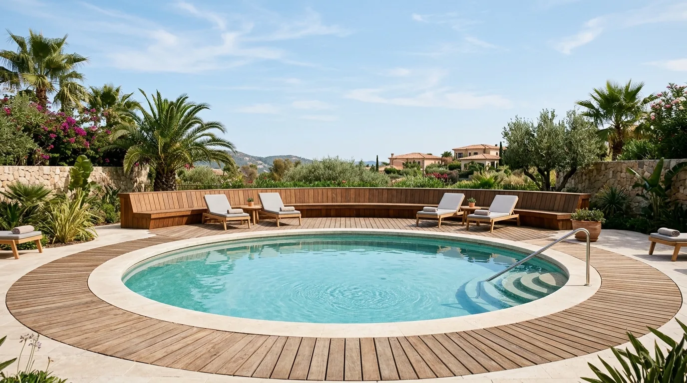 Modern above ground pool deck built with low-maintenance composite boards.
